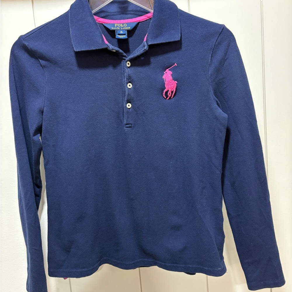Polo Ralph Lauren PRL Girls Polo Shirt XL 16 Blue Pink Pony Embroidered Academia